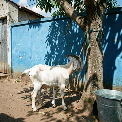Documentary photograph with Jamaican yard aesthetic, A goat tied to a tree in a 