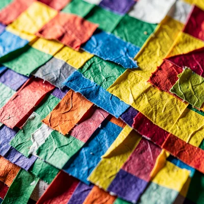 Close-up of a papier-mâché surface mid-construction — strips overlapping, edges 