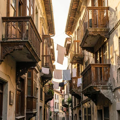 Crumbling Art Nouveau balconies in golden Tbilisi light, narrow Tbilisi alley wi