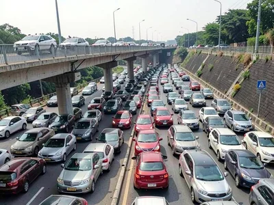 Traffic jam seen from overpass, cars filling frame