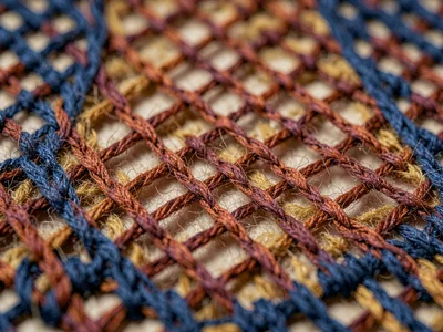 Leno weave of wool pairs warp threads dyed madder-russet creating diamond mesh a