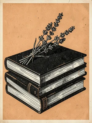 A stack of thick books with a sprig of dried lavender on top