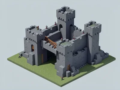 A medieval castle built from grey stone cubes with a drawbridge, towers, and tin