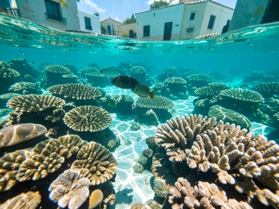 Sunlight hitting a coral reef through crystal-clear shallow water, the caustic l