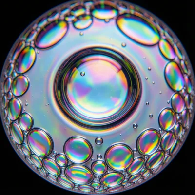 Single large oil dome on still water surface, fisheye distortion of the scene be