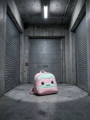 Sanrio character backpack abandoned in loading dock, metal roll-up doors, indust