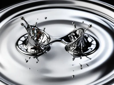 Two chrome droplets about to merge, stretched bridge of liquid metal forming bet