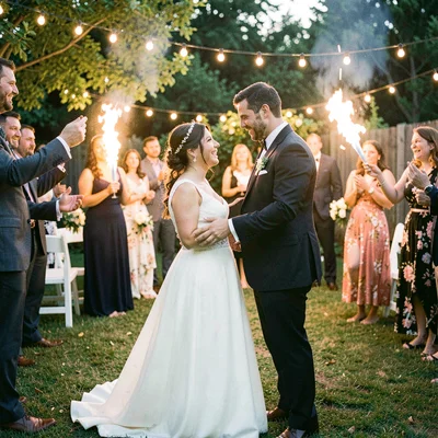 A first dance at backyard wedding, couple slightly overexposed, white dress burn