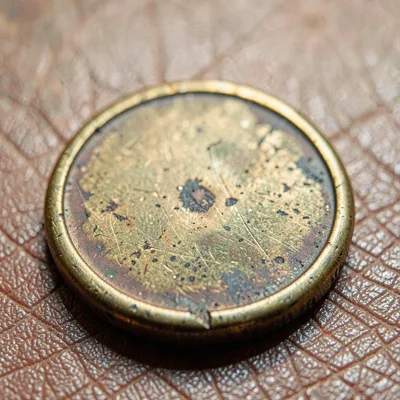 Worn close-up of a heavy brass coin worn smooth at the edges