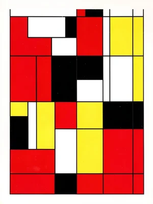 Staircase reduced to interlocking rectangles of red, black, white, and yellow
