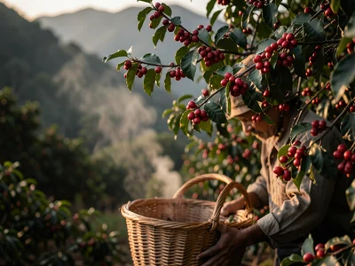 Coffee cherry branches with ripe red fruit, a picker's basket half-full, mountai