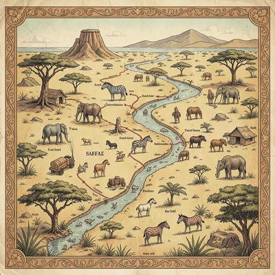 Illustrated map illustration, Safari route through African savanna , pictorial c