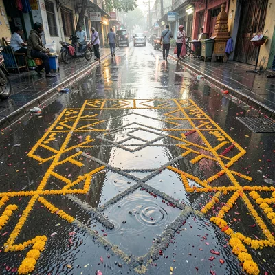 Looking down at Chennai's overlooked patterns, Kolam pattern reflected in a pudd