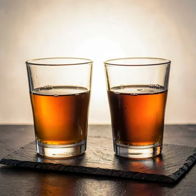 Two glasses on a slate surface clinking gently, lightbox-soft backlight glowing