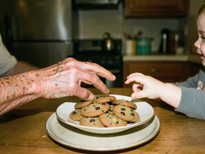 Two hands — one elderly with liver spots and raised veins, one small and smooth 