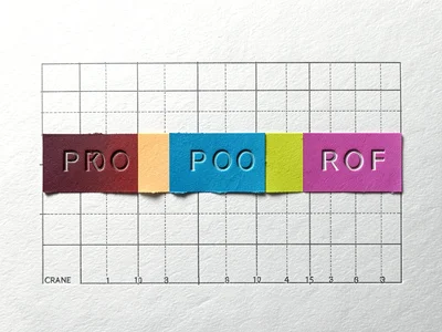 A color ink test strip showing the same word "PROOF" printed in six different Pa