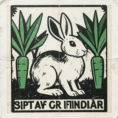 A bold graphic print of a rabbit in a garden, simplified into strong shapes, car