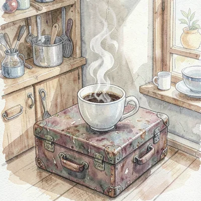 Tight photo of a steaming coffee cup on a battered toolbox lid in the corner of