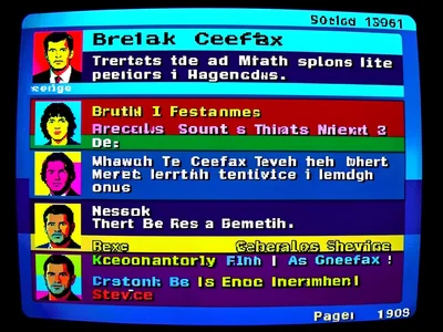 Social media feed as Ceefax page, posts as text blocks, profile pics as 8-color 