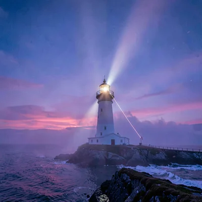 Polar liminal light, extended blue hours, Lighthouse beam cutting through soft v