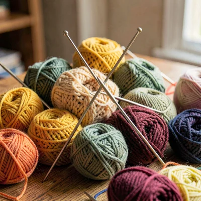 Warm pile of yarn cakes with needles parked through the center