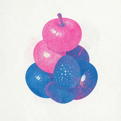 Risograph still life of stacked fruit in two-color separation: fluorescent pink 