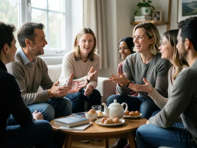Person hosting a small book club gathering, teapot and pastries on a low table