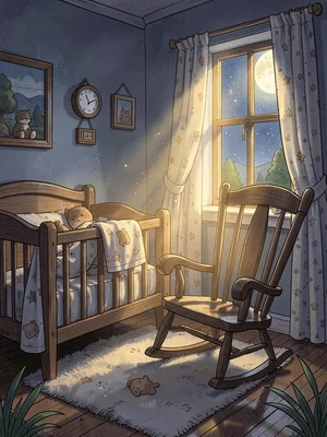 Rocking chair by crib in moonlight