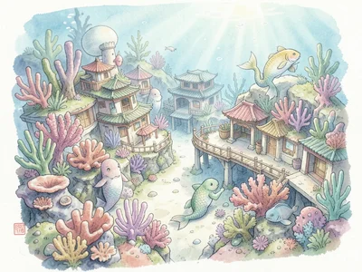 Underwater coral city with mer-people, tilt-shift miniature effect