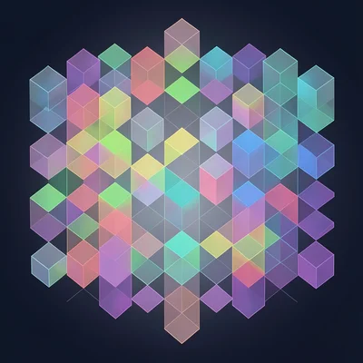 Isometric grid of translucent cubes in varying opacity, soft gradient background
