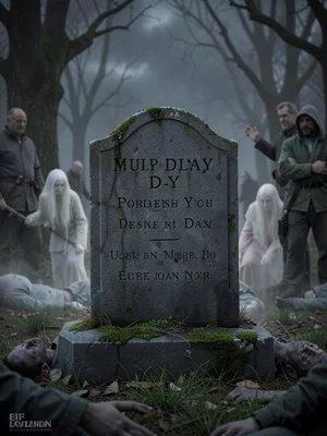 Cemetery headstone with multi-day exposure, visitors becoming ghosts, the dead m