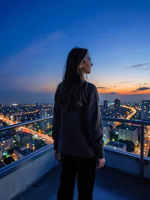 Woman on rooftop during blue hour, city lights sparking below while sky holds la