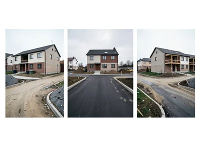 New suburb development — identical houses in three stages of construction, stree