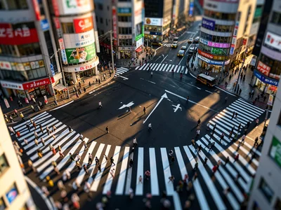 Tokyo Shibuya crossing from high above, tilt-shift making people look like figur