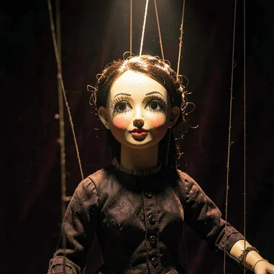 Lamplit portrait of a marionette girl with strings catching the light from above