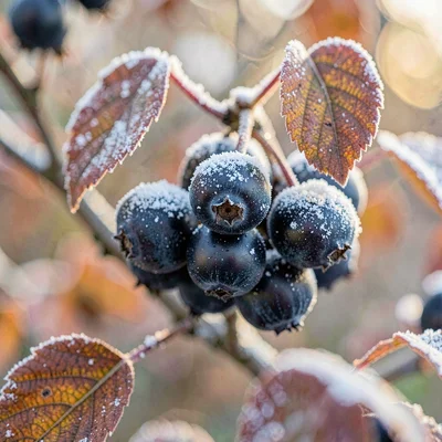 Close-up of a sloe-berry cluster heavy with frost bloom, leaves edged in cold ru