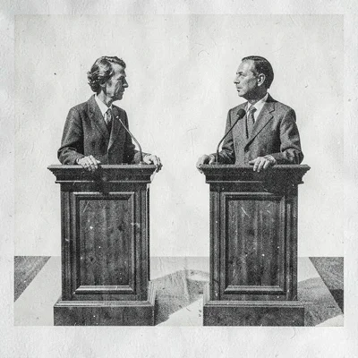 Riso event-poster of two abstract figures at facing podiums, two-color overprint