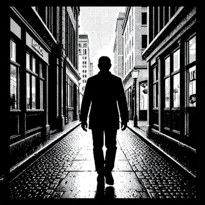 1-bit dithered illustration, person walking in city , black and white only, dith