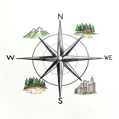 A compass rose with four tiny scenes at each direction: mountain north, beach so