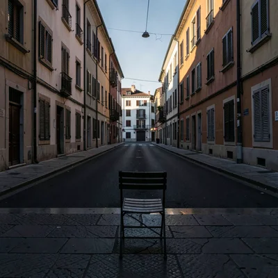 Siesta stillness, afternoon heat weight, A single chair facing an empty street, 