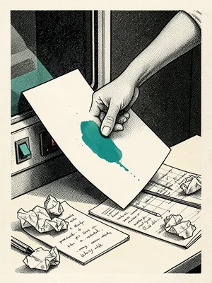 Stipple-shaded portrait of a hand emerging from a terminal window, depositing a