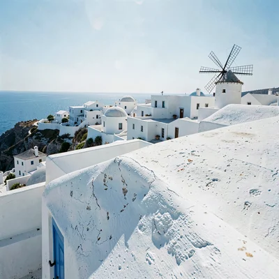 Cycladic whitewash study, Greek island lime, A windmill silhouette at the edge o