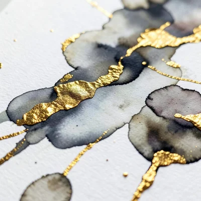 Alcohol ink on yupo paper, organic flowing shapes, gold leaf accents, macro