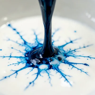 Ink drop hitting milk surface from above, fractal tendrils spreading, macro, vib