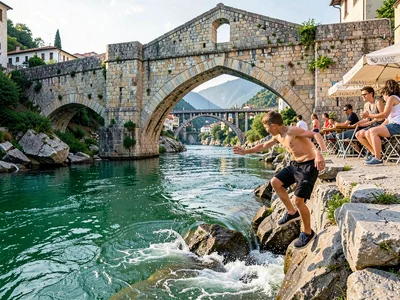 Boys preparing to jump into Neretva