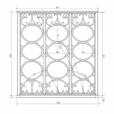 Blueprint elevation of an espalier training pattern on a wall, measured arcs and