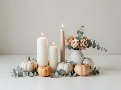 Thanksgiving centerpiece of candles, small pumpkins, dried flowers, eucalyptus