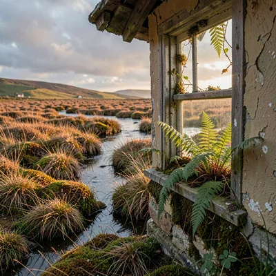 Connemara bog light, Atlantic silver, Ruined cottage window frame, ferns growing