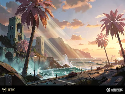 Wrecked seaside boulevard at golden hour with shafts through ocean spray, warm p