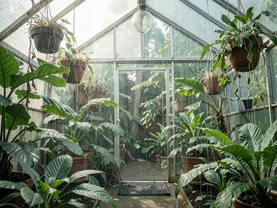Tropical greenhouse interior, moisture visible in air, plants dripping